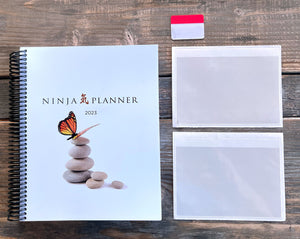 The Ninja Planner 2023 Classic Box contains a set of pockets and one pack of reusable tabs so you can customize your Ninja Planner.